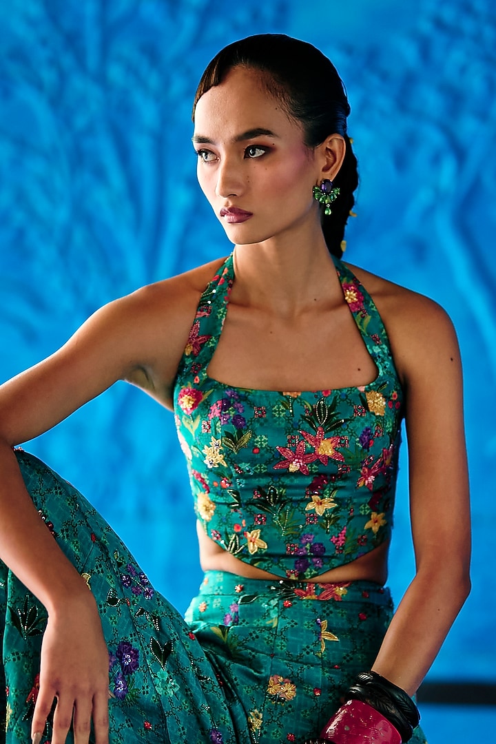Teal Blue Satin Dupion Floral Printed Wedding Sharara Set by The Whole Nine Yards at Pernia's Pop Up Shop