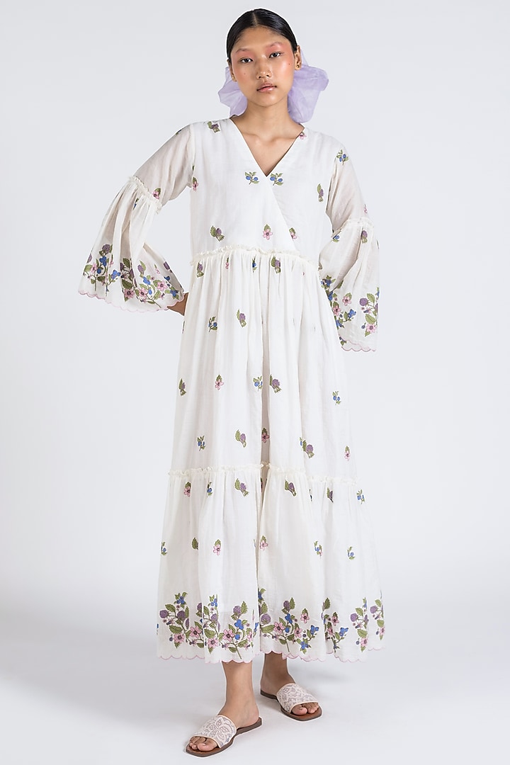 White Hand Printed Tiered Dress Design by Two Fold Store at Pernia's ...