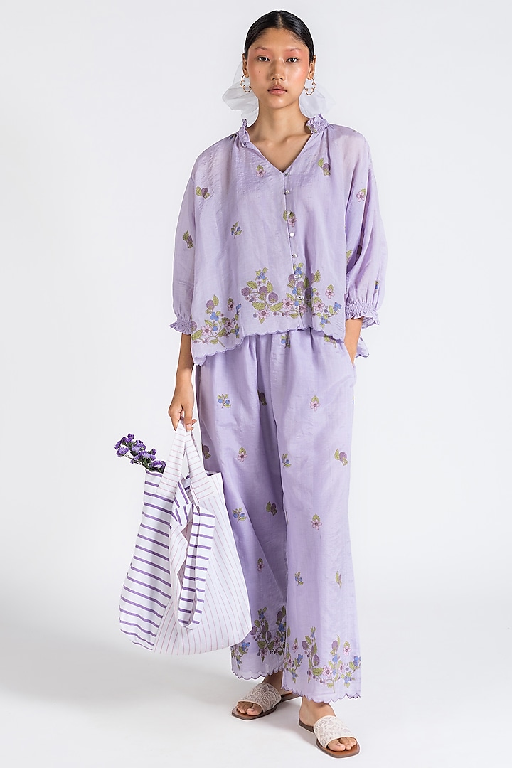 Purple Block Printed Pant Set by Two Fold Store