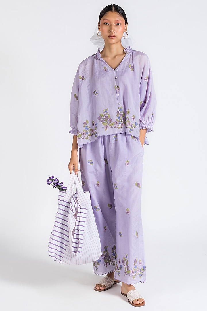 Purple Block Printed Pant Set by Two Fold Store at Pernia's Pop Up Shop