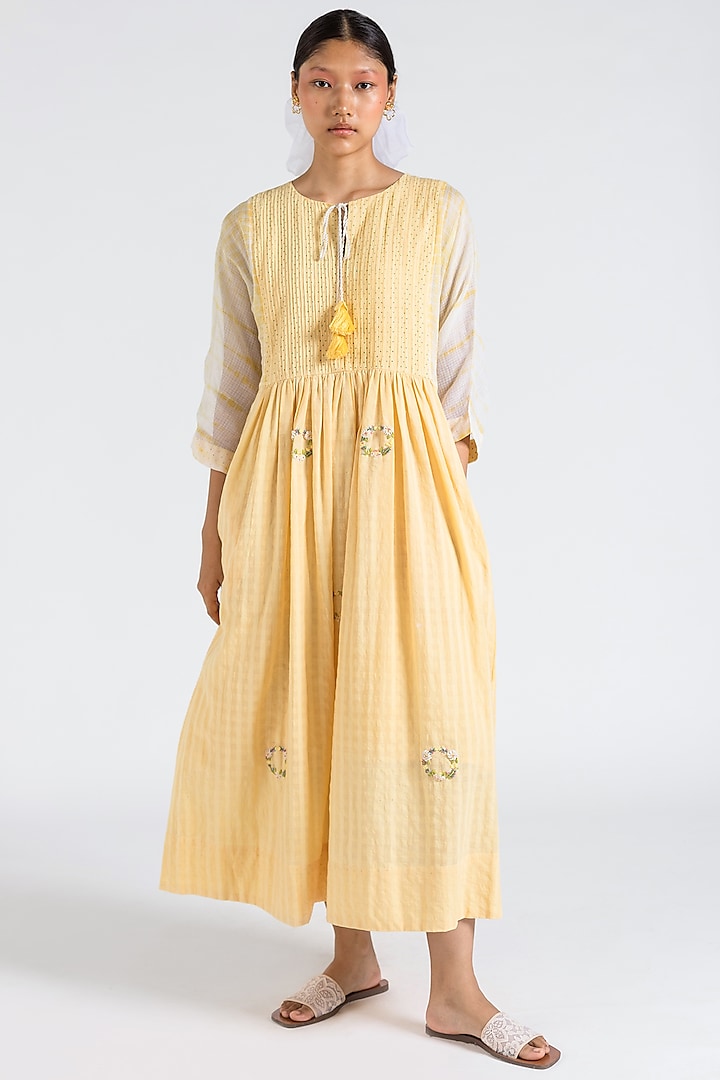 Dandelion Yellow Hand Embroidered Dress by Two Fold Store