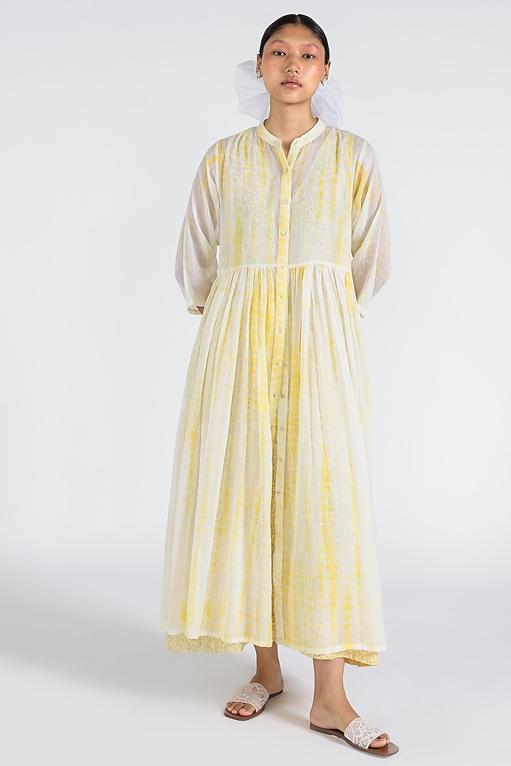 Yellow Printed A-line Dress With Jacket by Two Fold Store
