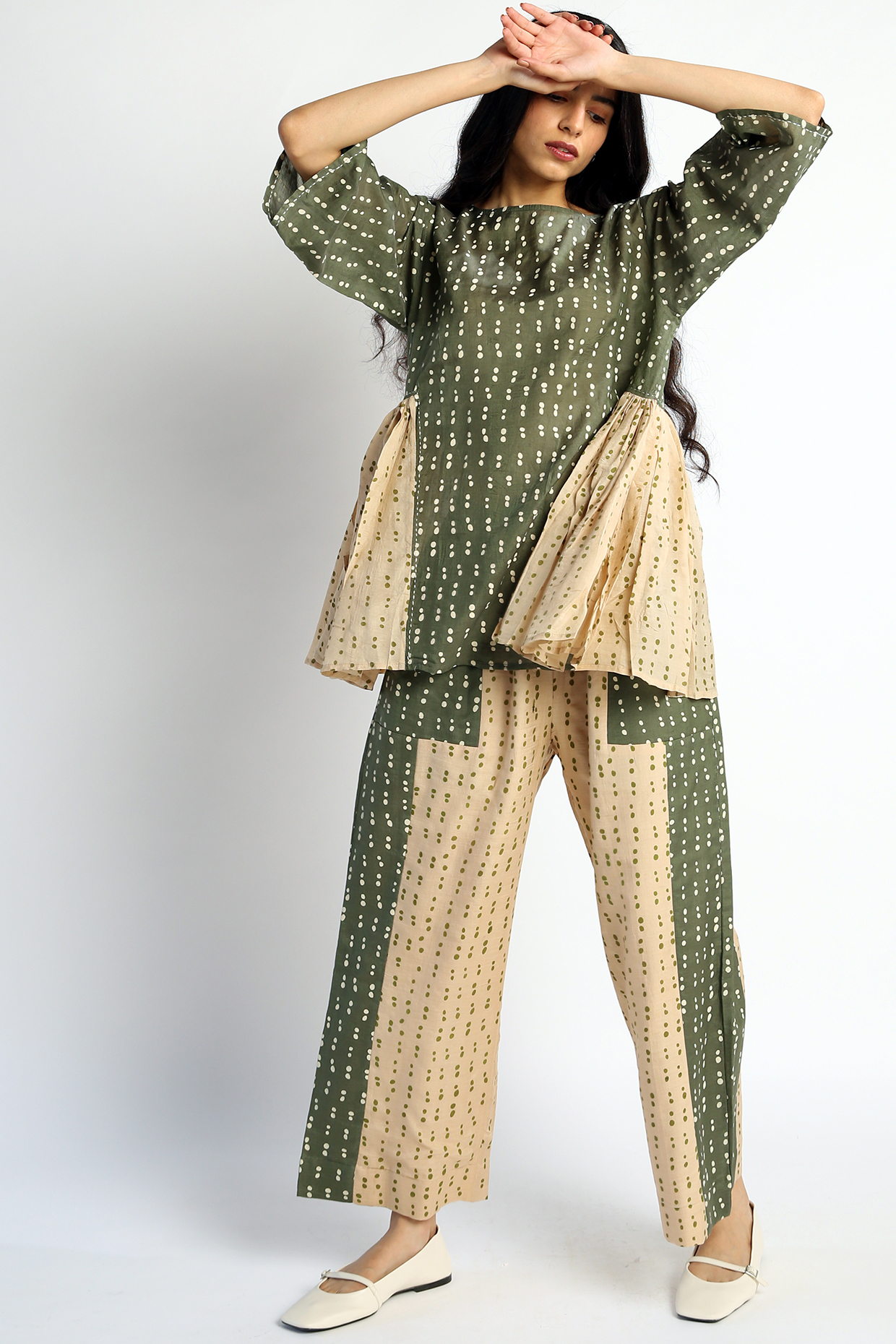 Green Hand Block Printed Pant Set by Two Fold Store at Pernia's Pop Up Shop