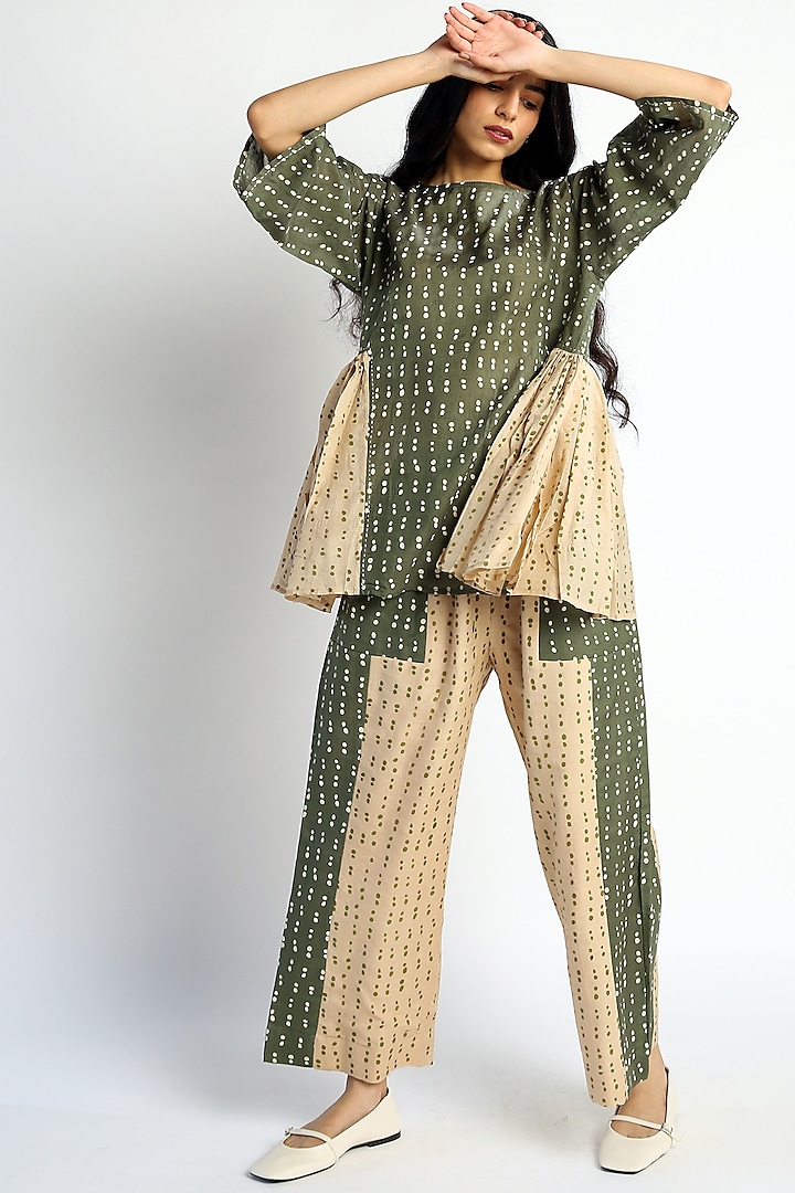 Green Hand Block Printed Pant Set by Two Fold Store