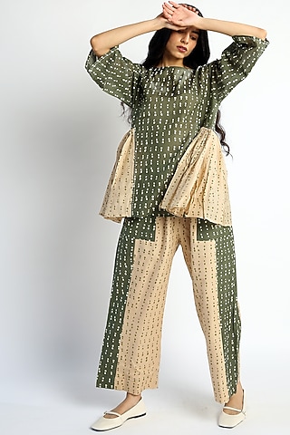 Green Hand Block Printed Pant Set by Two Fold Store