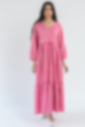 Pink Hand Printed Tiered Midi Dress by Two Fold Store