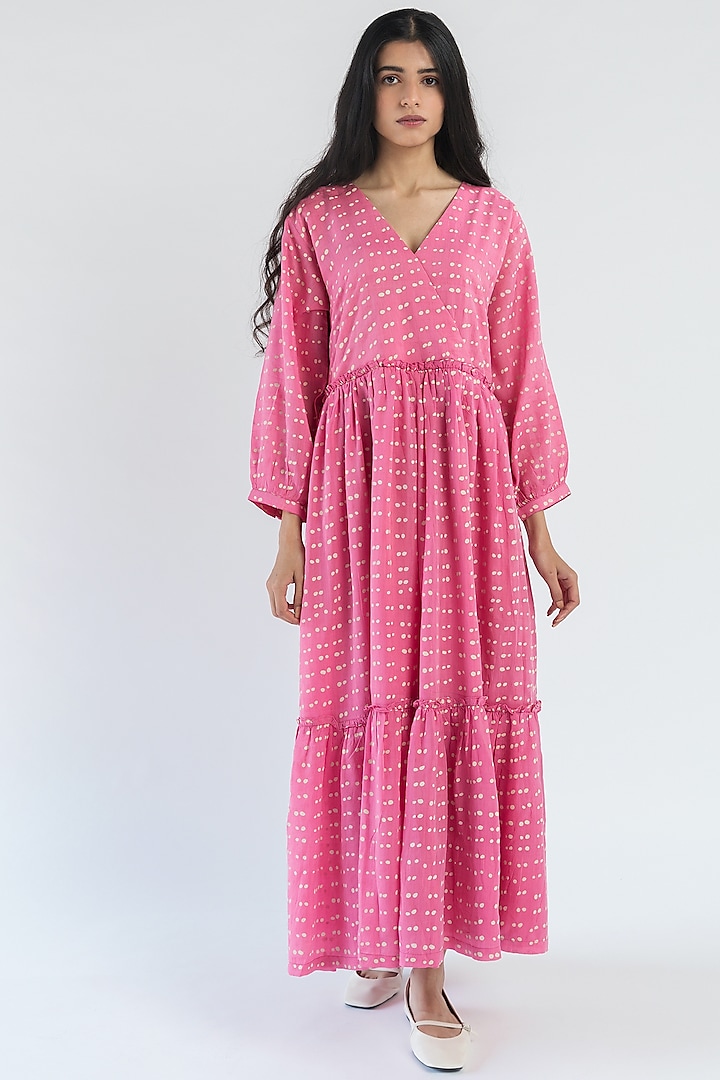 Pink Hand Printed Tiered Midi Dress by Two Fold Store at Pernia's Pop Up Shop