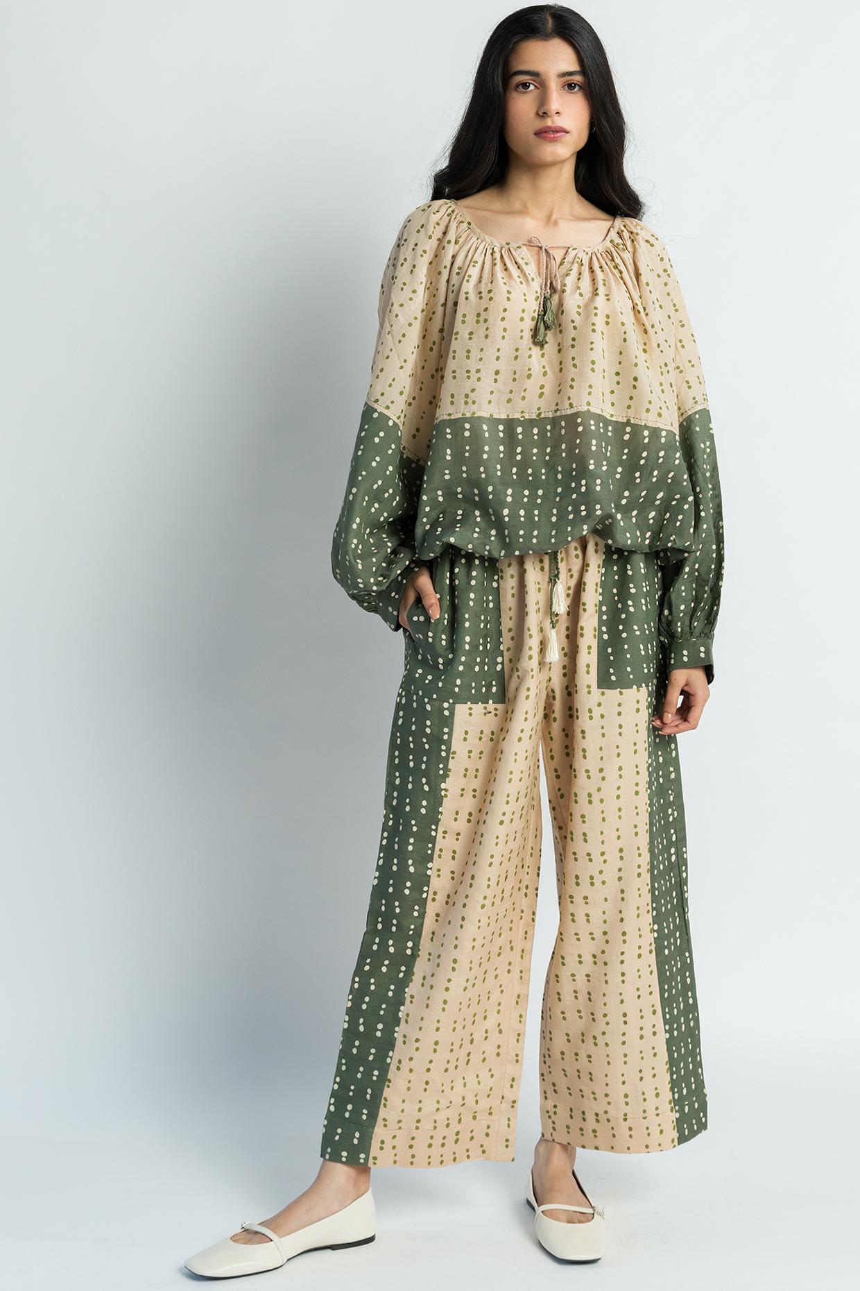Beige Abstract Polka Printed Pant Set by Two Fold Store at Pernia's Pop Up Shop
