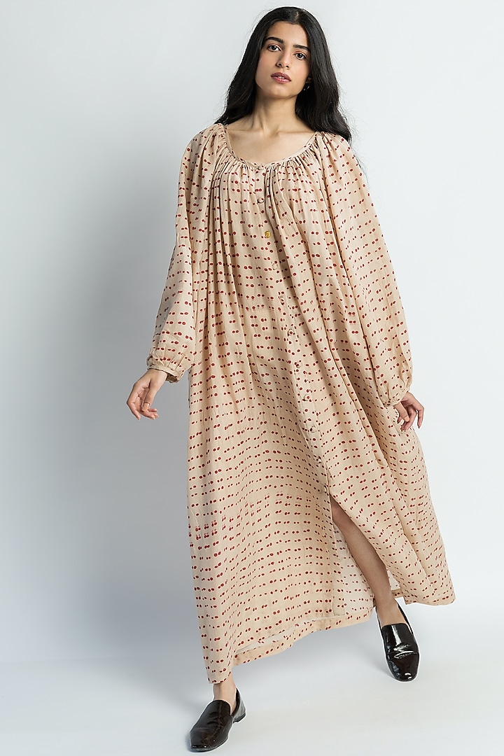 Beige Abstract Polka Printed Dress by Two Fold Store