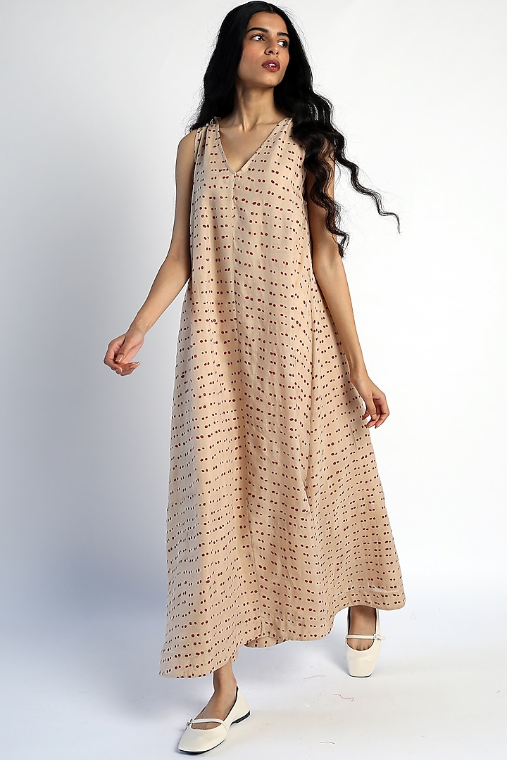 Beige Printed A-Line Maxi Dress by Two Fold Store
