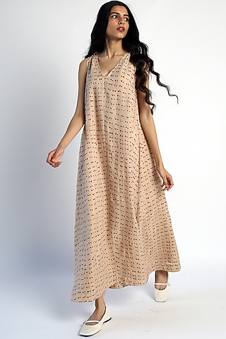 Beige Printed A-Line Maxi Dress by Two Fold Store
