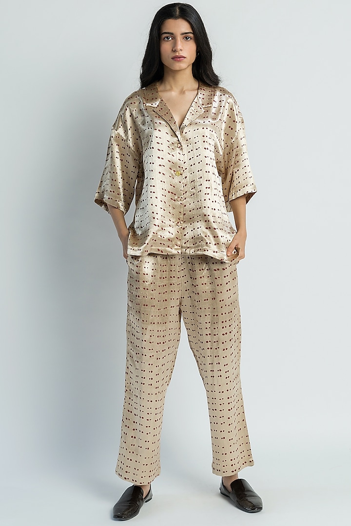 Beige Hand Printed Straight Cut Pant Set by Two Fold Store