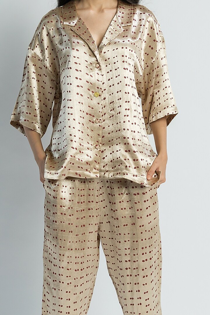 Beige Hand Printed Straight Cut Pant Set by Two Fold Store at Pernia's Pop Up Shop