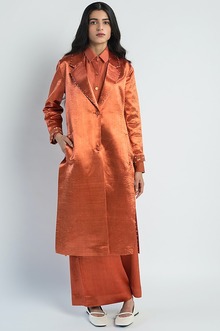Rust Red Hand Printed Long Jacket by Two Fold Store
