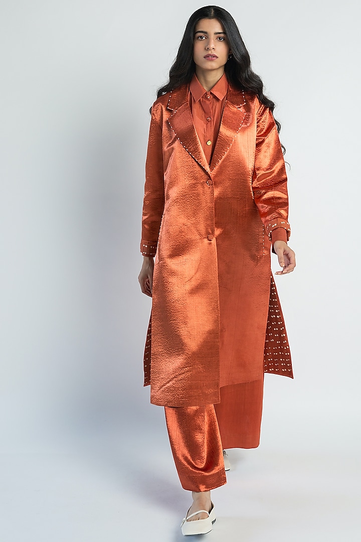 Rust Red Hand Printed Long Jacket Set by Two Fold Store