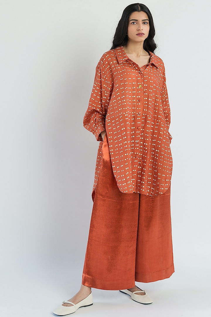 Rust Red Hand Printed High-Low Shirt by Two Fold Store