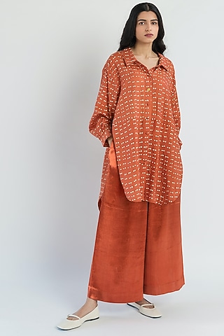 Rust Red Hand Printed Wide Legged Pant Set by Two Fold Store
