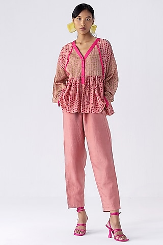 Pink Cotton Silk Pant Set by Two Fold Store