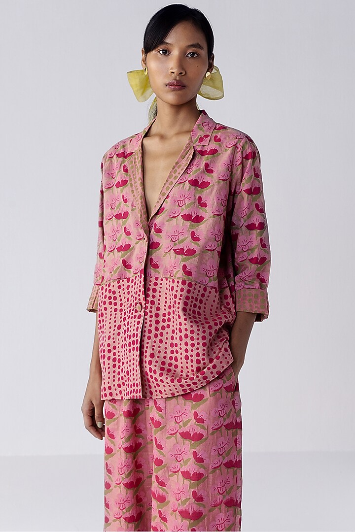 Peach Printed Blazer by Two Fold Store at Pernia's Pop Up Shop