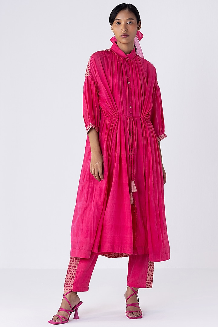 Bright Pink Cotton Silk Tunic Set by Two Fold Store