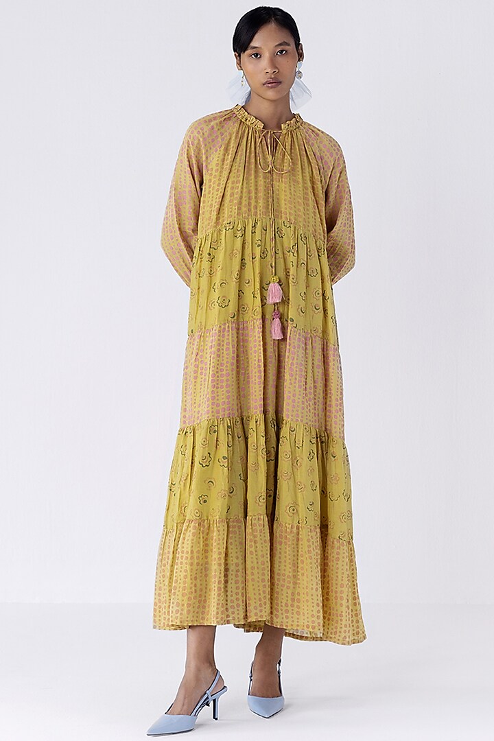 Green Cotton Silk Dress by Two Fold Store