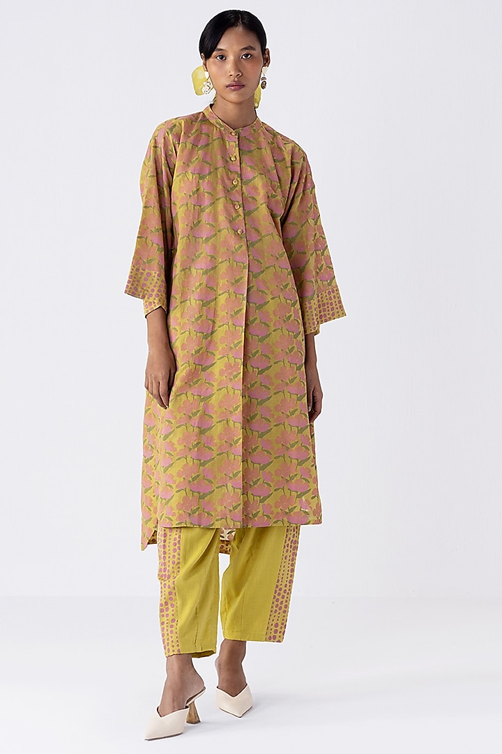 Green Handwoven Cotton Silk Tunic Set  by Two Fold Store at Pernia's Pop Up Shop