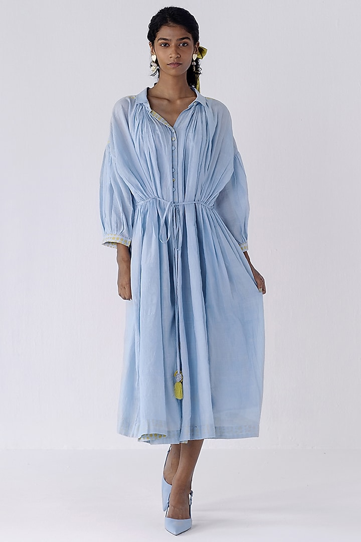 Blue Cotton Silk Tie-Up Dress by Two Fold Store at Pernia's Pop Up Shop