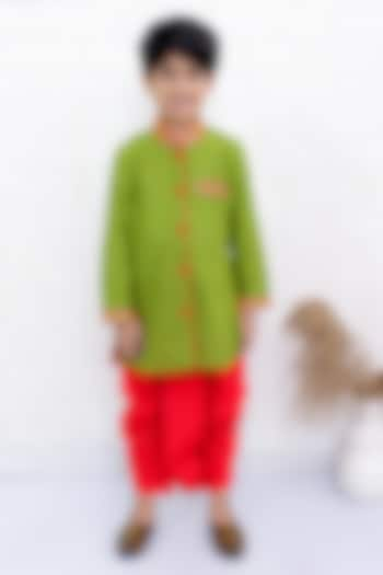 Green Cotton Striped Kurta Set For Boys by TWISHA