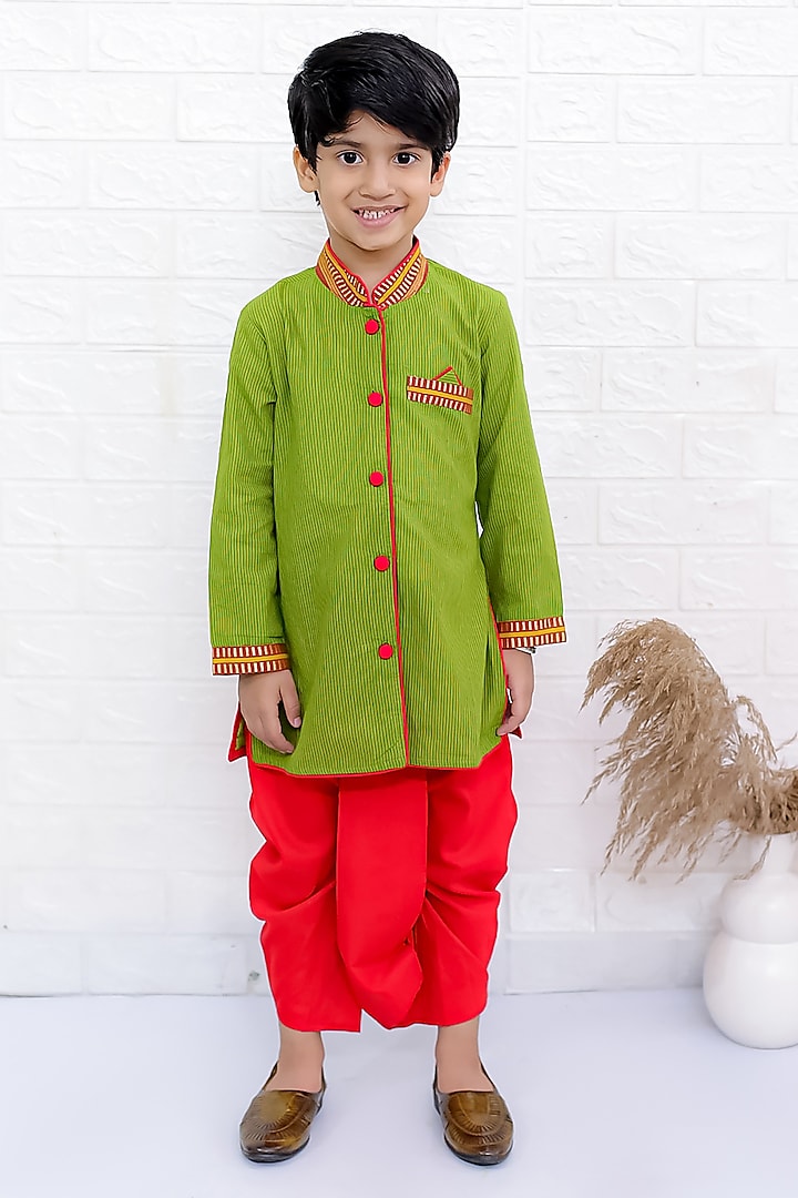 Green Cotton Striped Kurta Set For Boys by TWISHA