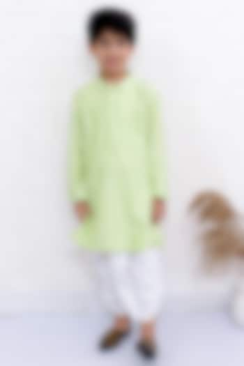 Lime Green Cotton Striped Kurta Set For Boys by TWISHA