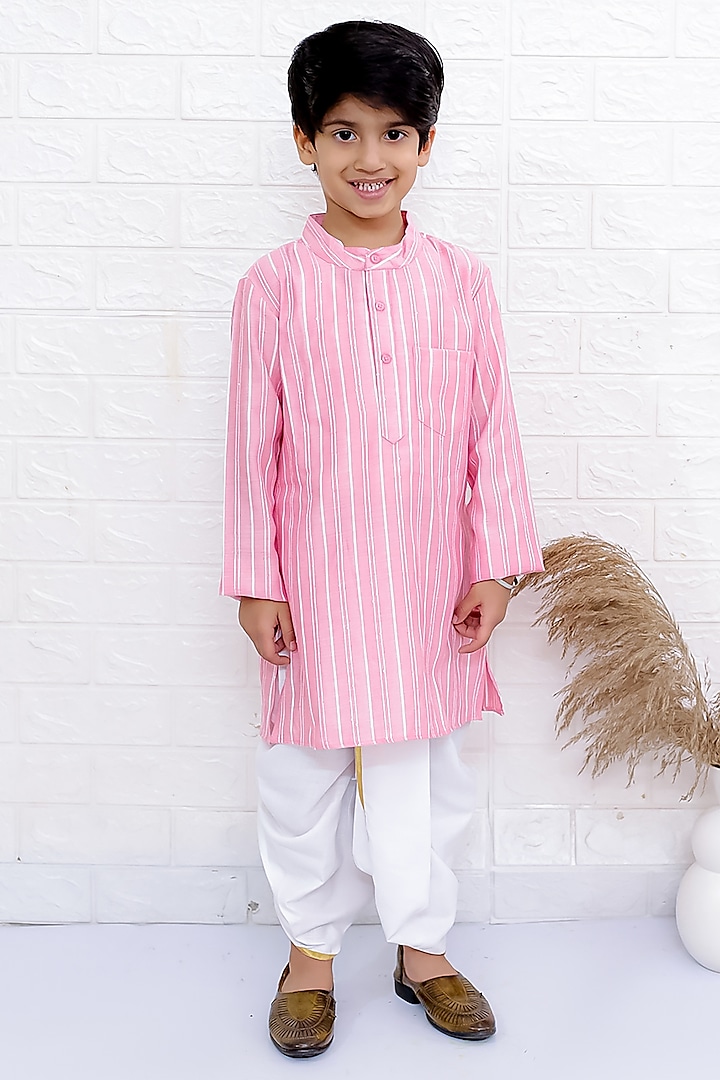 Baby Pink Cotton Striped Kurta Set For Boys by TWISHA