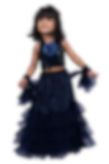 Navy Blue Polyester Frilled Lehenga Set For Girls by TWISHA at Pernia's Pop Up Shop