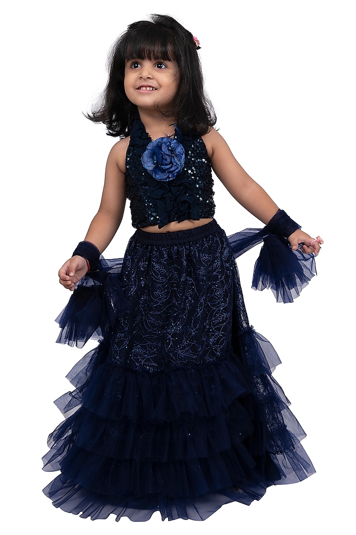 Navy Blue Polyester Frilled Lehenga Set For Girls by TWISHA at Pernia's Pop Up Shop