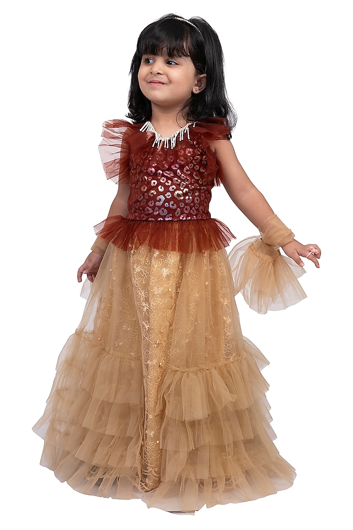 Beige Polyester Layered Lehenga Set For Girls by TWISHA at Pernia's Pop Up Shop