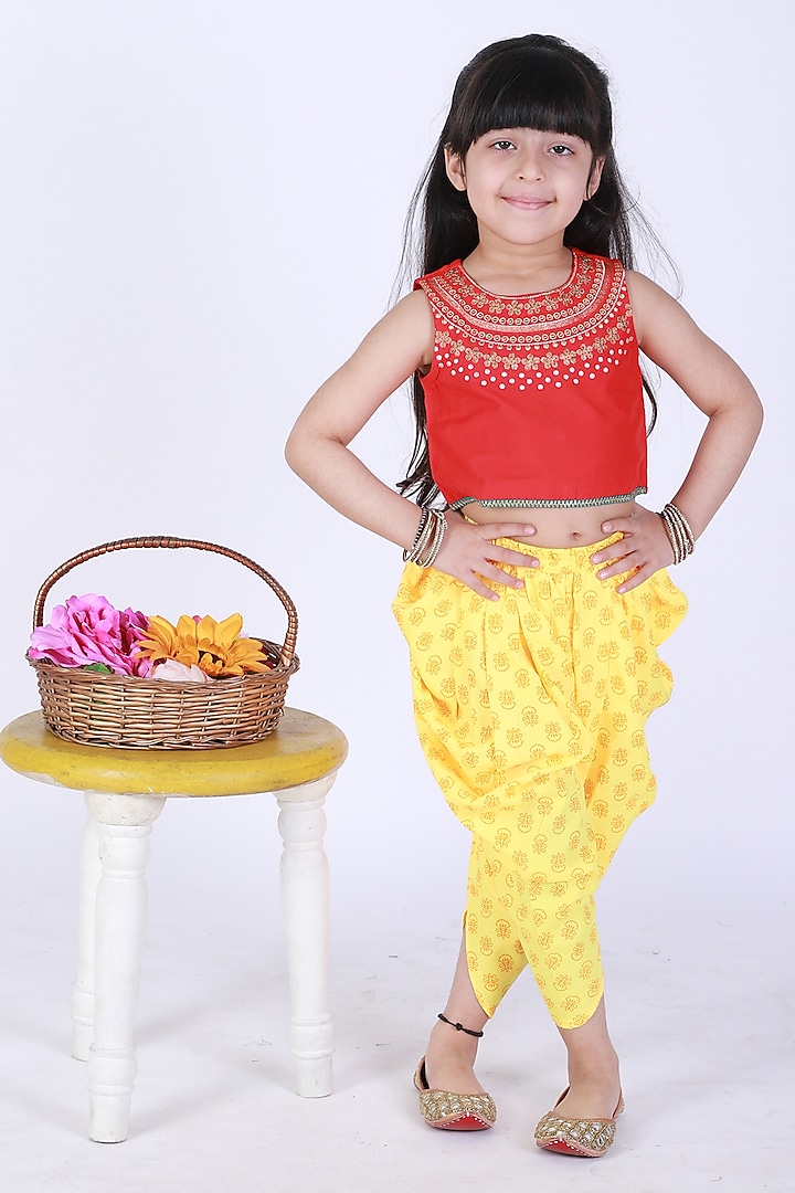 Yellow Polyester Printed Dhoti Set For Girls by TWISHA at Pernia's Pop Up Shop