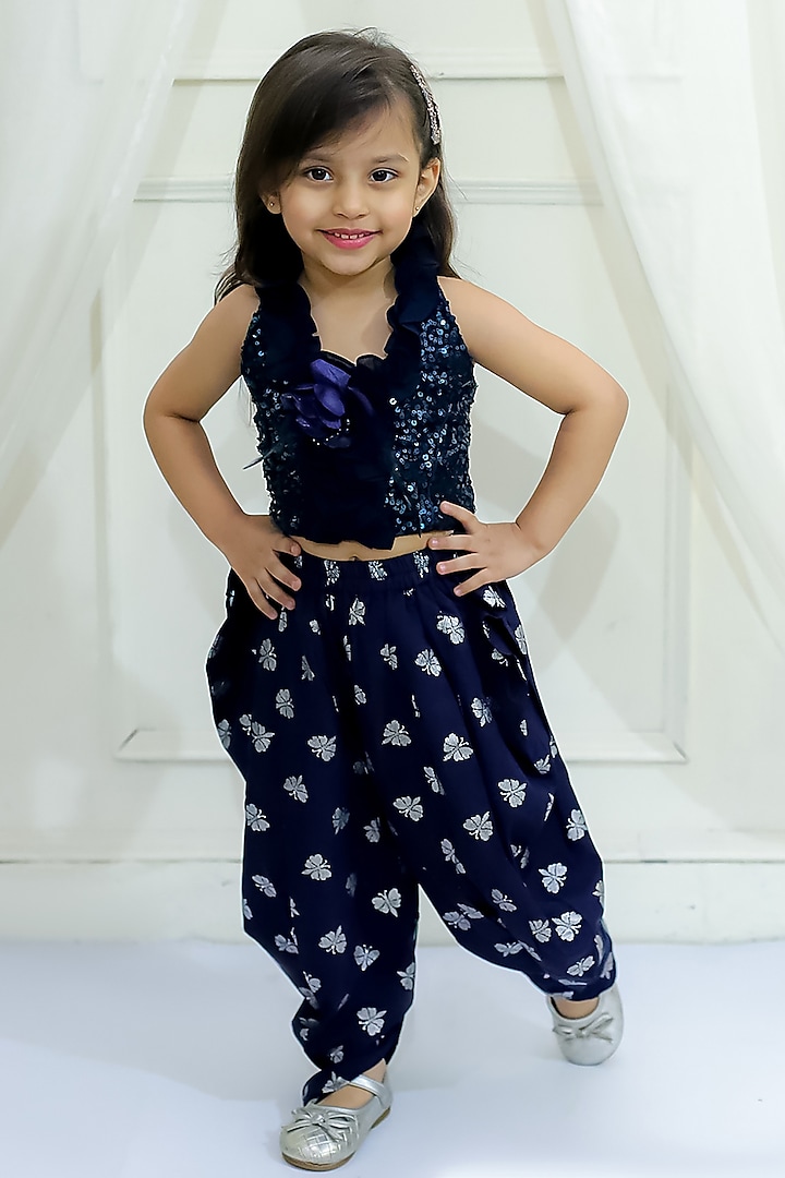 Navy Blue Polyester Printed Dhoti Set For Girls by TWISHA at Pernia's Pop Up Shop