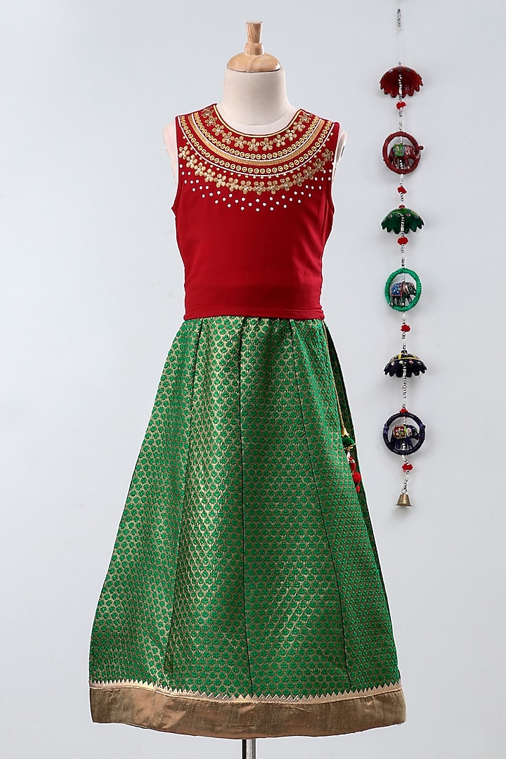 Green Brocade Lehenga Set For Girls by TWISHA at Pernia's Pop Up Shop