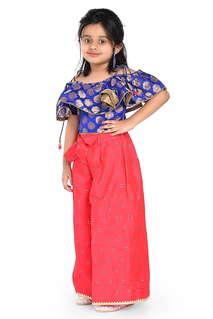 Pink Jacquard Palazzo Pant Set For Girls by TWISHA at Pernia's Pop Up Shop