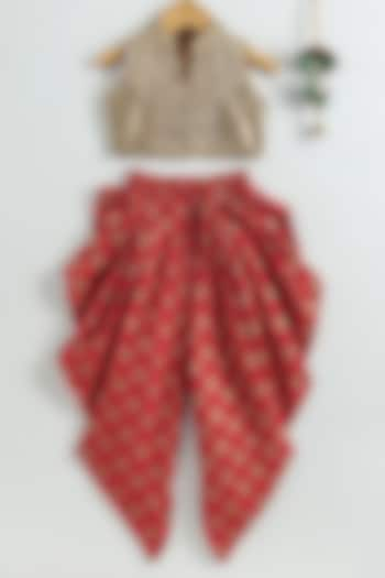 Red Brocade Printed Dhoti Set For Girls by TWISHA at Pernia's Pop Up Shop