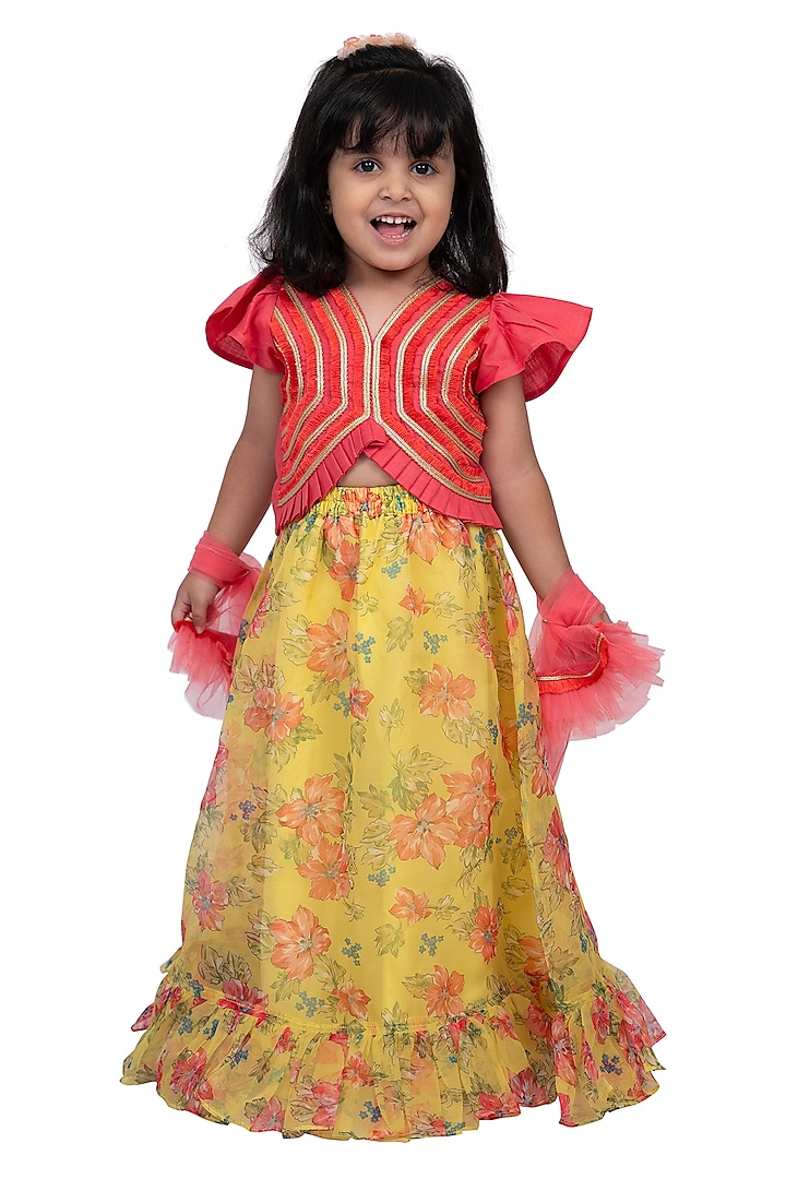 Yellow Polyester Lehenga Set For Girls by TWISHA at Pernia's Pop Up Shop