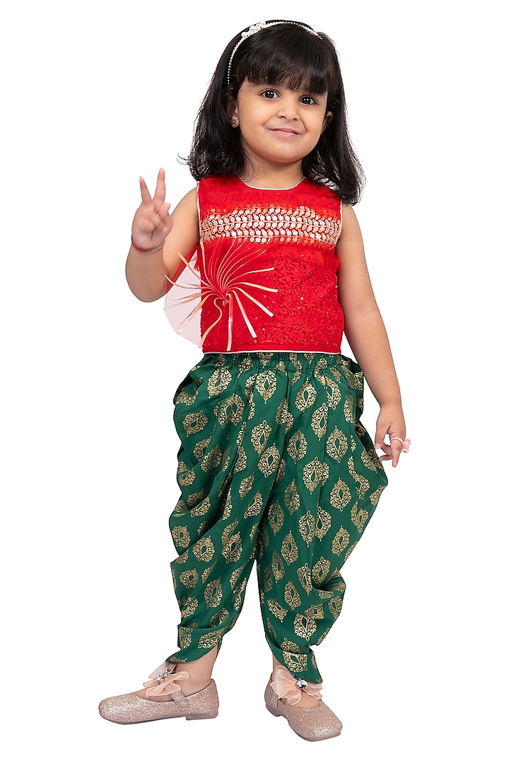 Green Polyester Dhoti Set For Girls by TWISHA at Pernia's Pop Up Shop