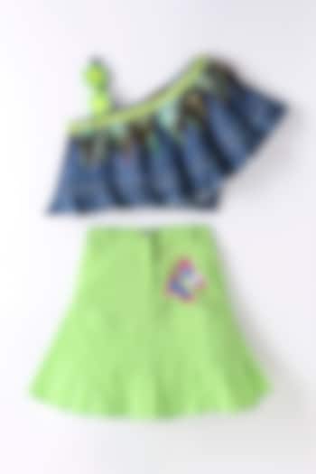 Blue & Lime Green Denim Skirt Set For Girls by TWISHA at Pernia's Pop Up Shop