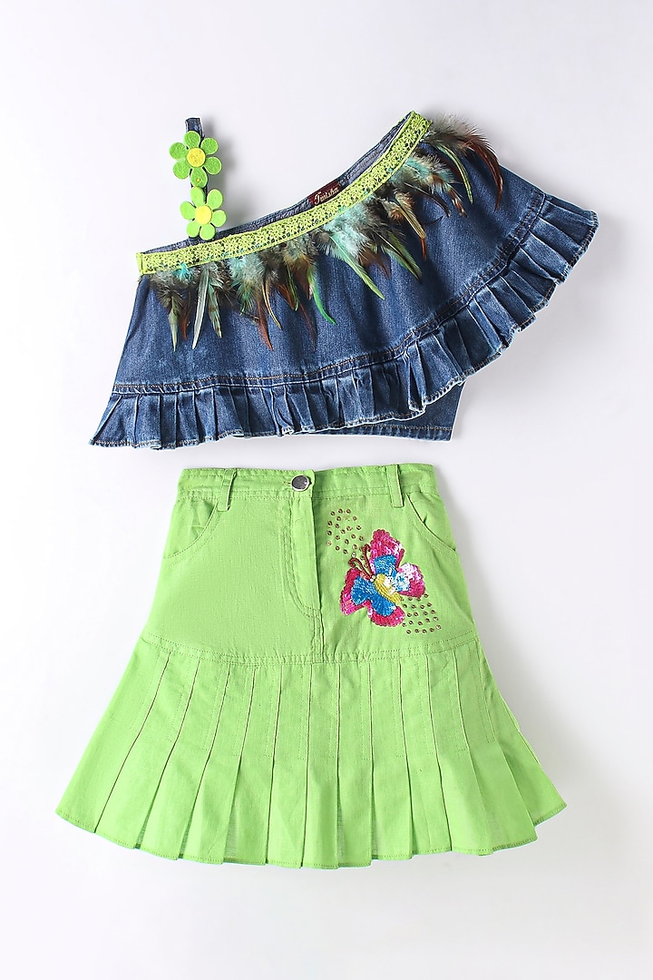 Blue & Lime Green Denim Skirt Set For Girls by TWISHA at Pernia's Pop Up Shop