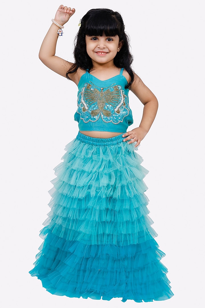 Blue Net Lehenga Set For Girls by TWISHA at Pernia's Pop Up Shop