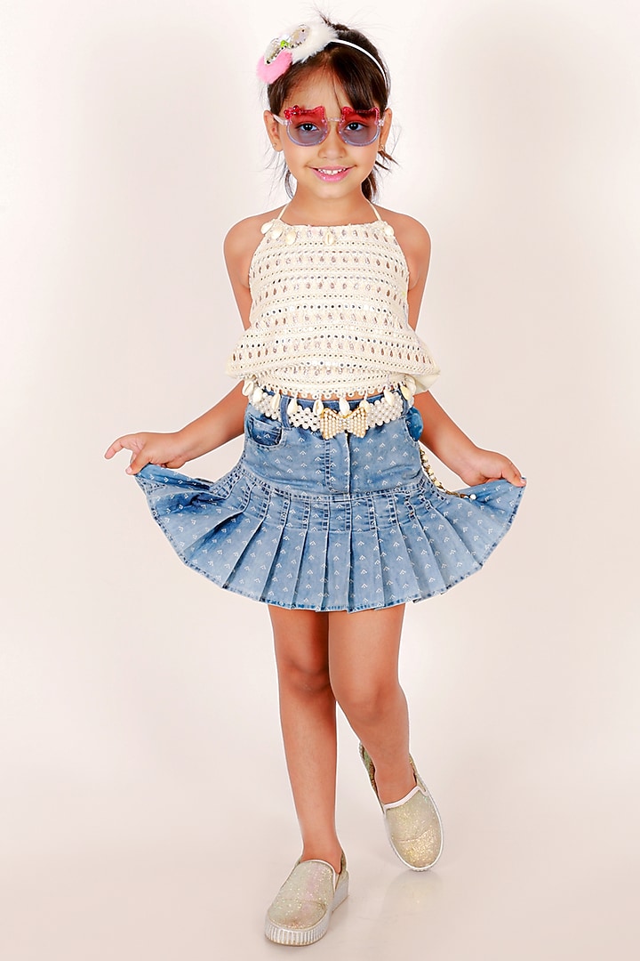 Blue Denim Skirt Set For Girls by TWISHA at Pernia's Pop Up Shop
