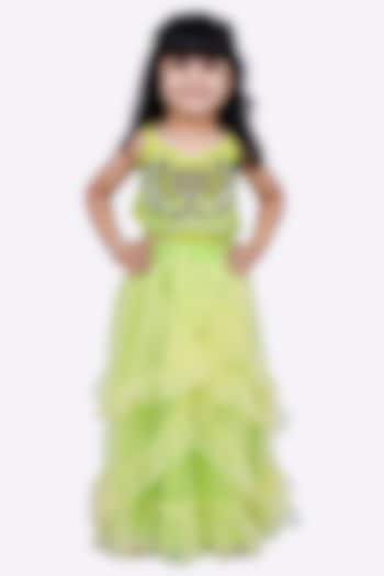 Lime Green Net Lehenga Set For Girls by TWISHA at Pernia's Pop Up Shop