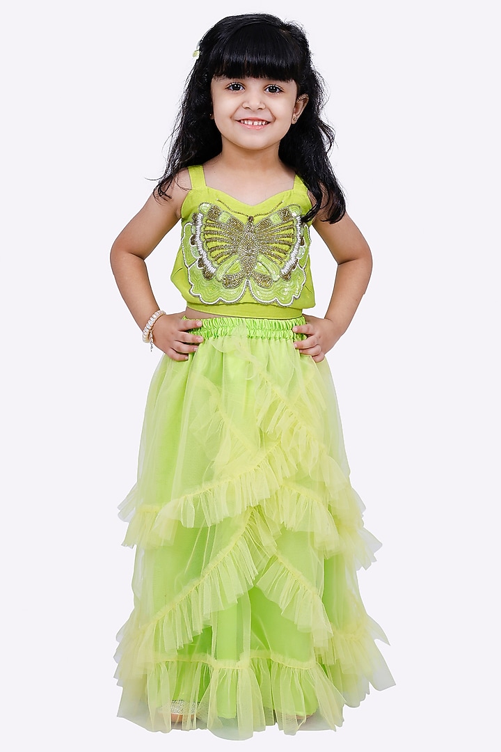 Lime Green Net Lehenga Set For Girls by TWISHA at Pernia's Pop Up Shop