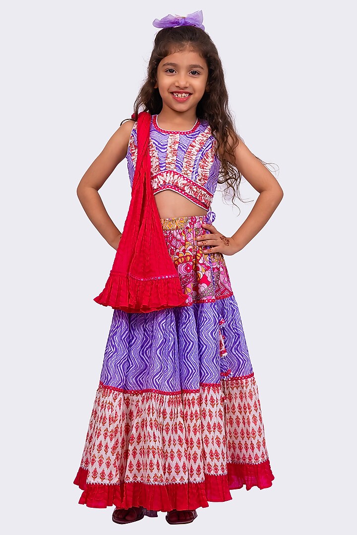 Lavender & Pink Cotton Printed Lehenga Set For Girls by TWISHA at Pernia's Pop Up Shop