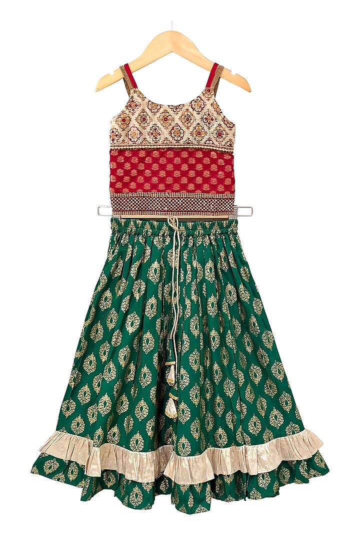 Green Brocade Printed Lehenga Set For Girls by TWISHA at Pernia's Pop Up Shop