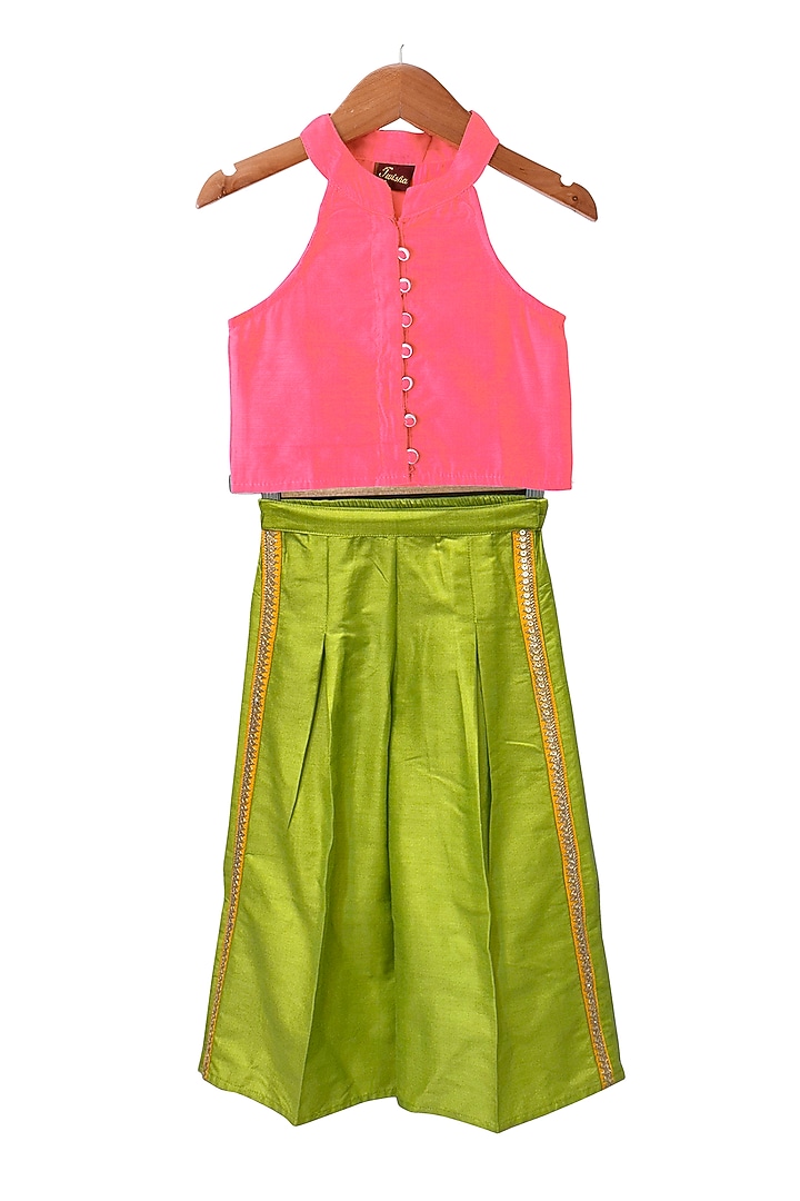 Lime Green Chanderi Palazzo Pants Set For Girls by TWISHA at Pernia's Pop Up Shop